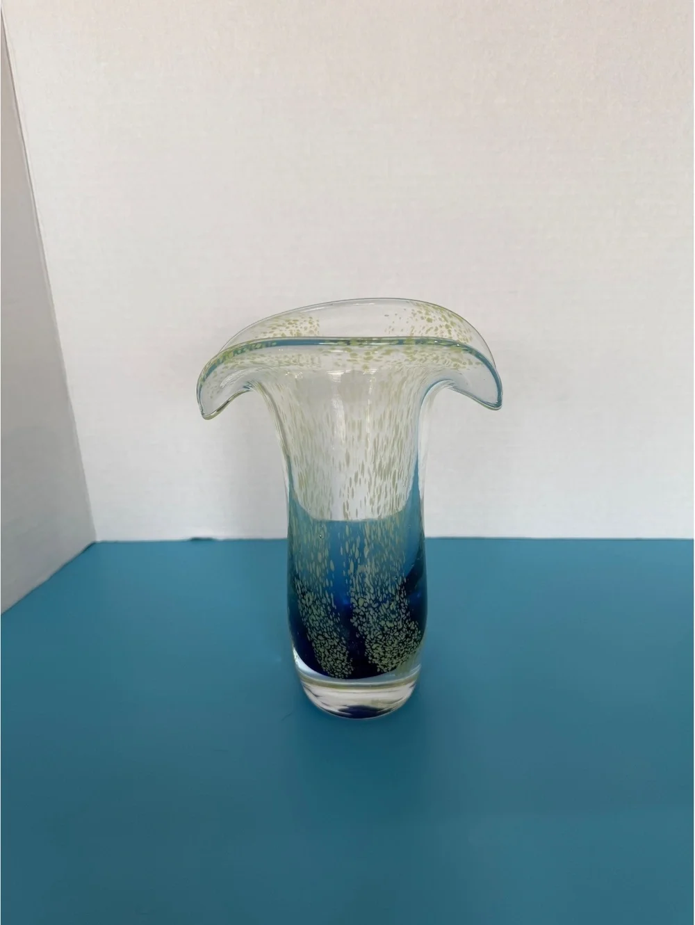 Handmade Art Glass Vase with Blue and Yellow Accents